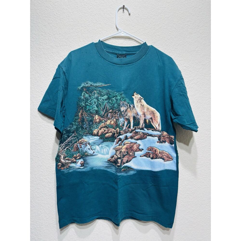 Vintage Habitat T Shirt Wolves Teal 1980s Made USA large